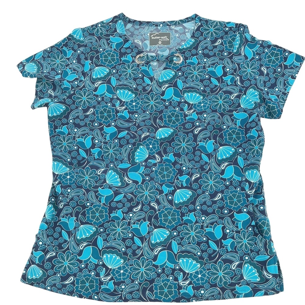 Butter-Soft Scrub Top Womens Medium Blue Floral Paisley Stretch V-Neck Medical